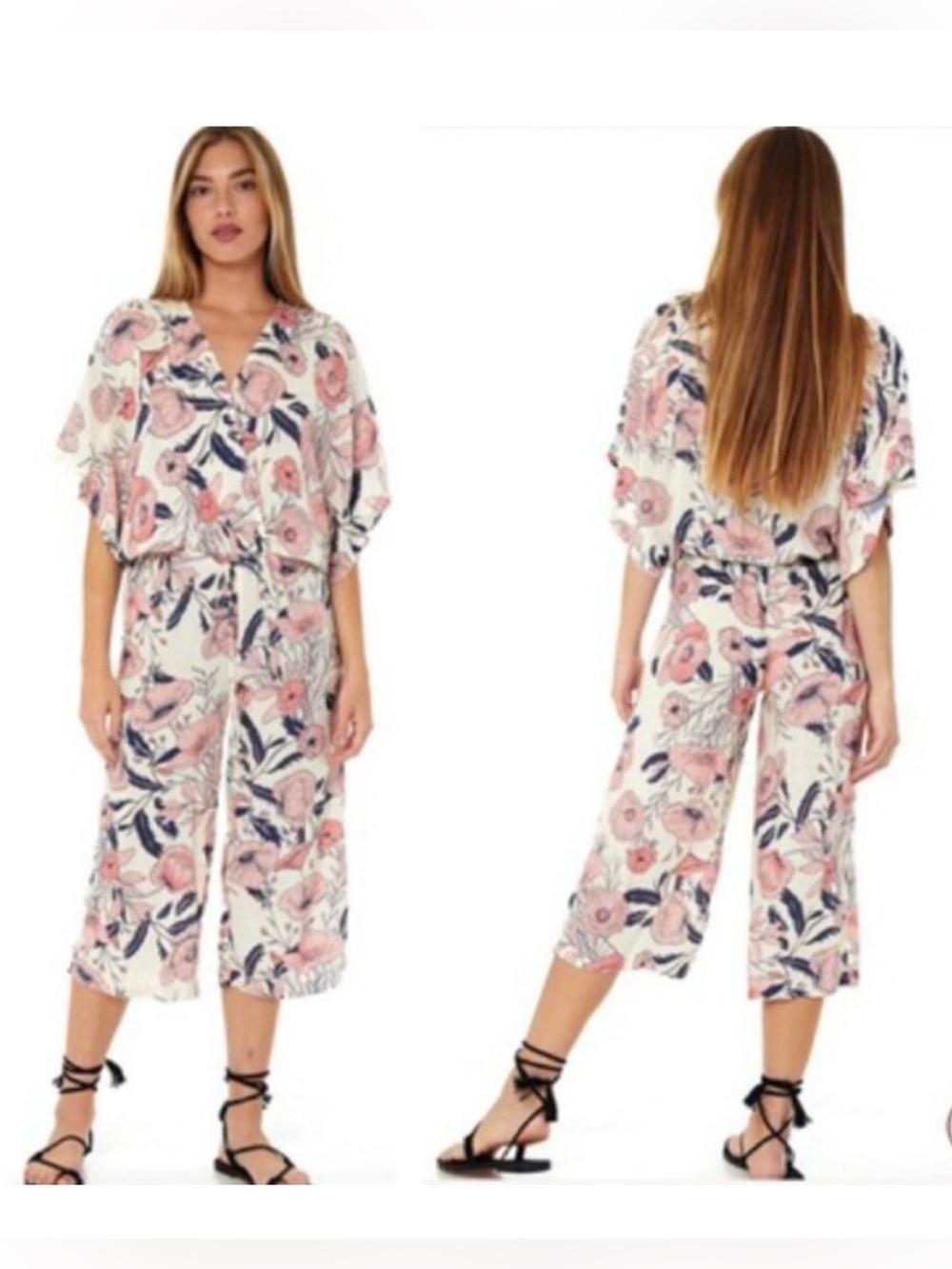 ON THE ROAD Breaker Floral S Jumpsuit Wide Capri Leg Crop V Kimono Sleeve Beach